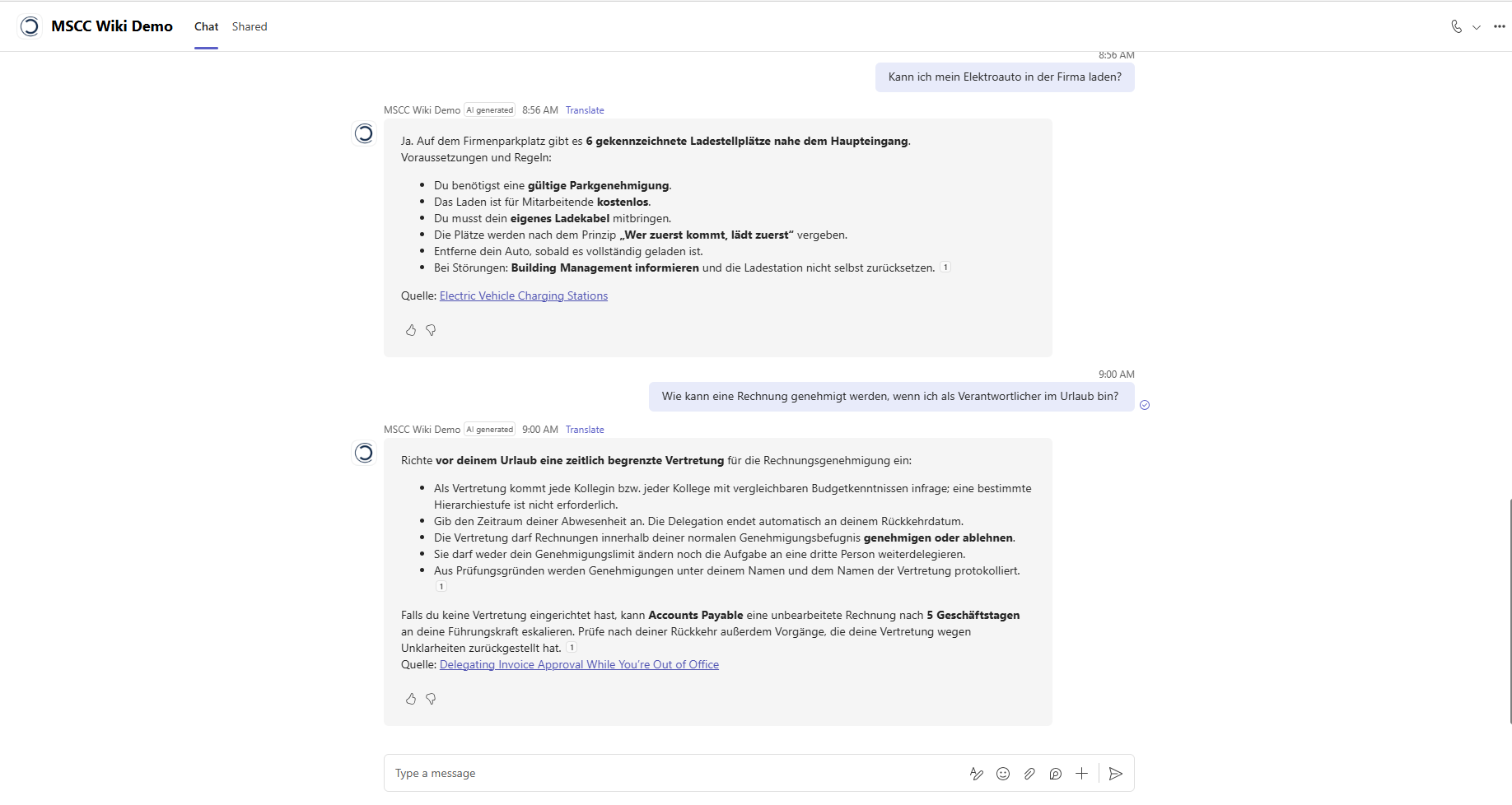 Copilot-Chatbot in Microsoft Teams beantwortet Fragen aus dem Wiki
